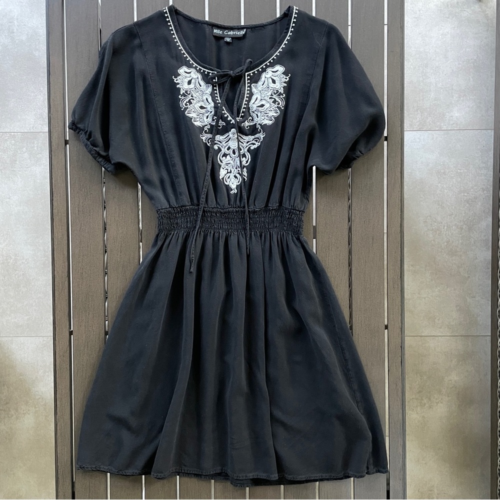 Mlle Gabrielle Black Mini Dress with White Embroidery
